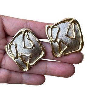 Vintage Park Lane Clip‎ Earrings Modernist Artsy Silver Gold Tone Square 1.25"